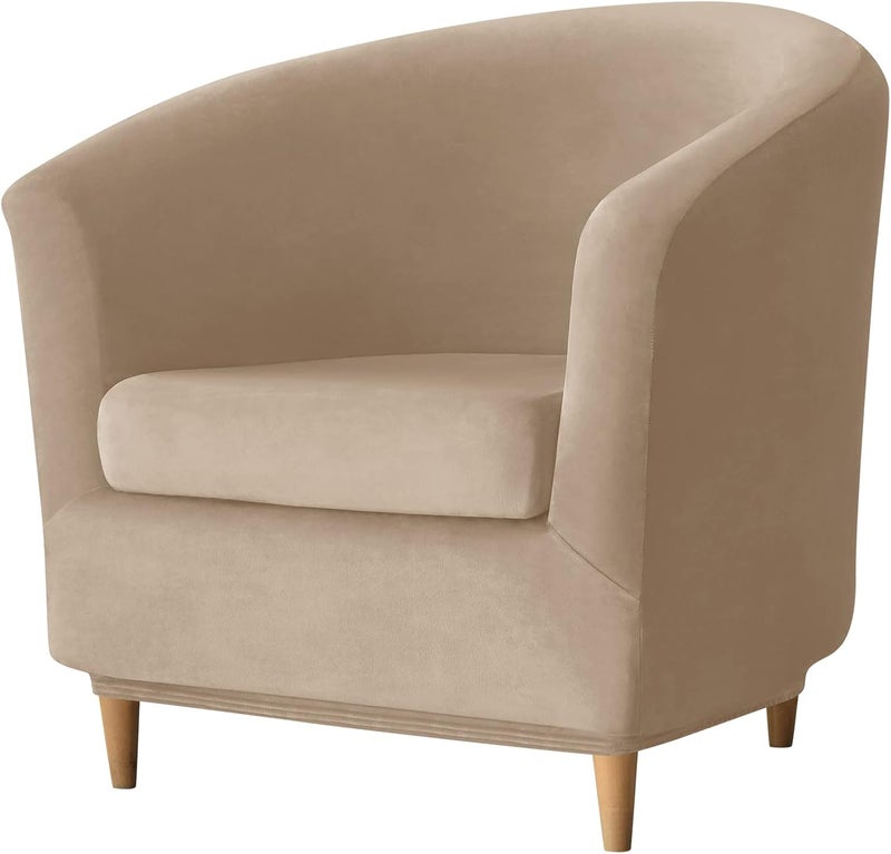 Deisy Dee 2 Piece Velvet Club Chair Slipcover Stretch Barrel Chair Covers Accent Chair Cover Removable Couch Furniture Protector Arm Chair Cover for Living Room (Khaki) - Image 1